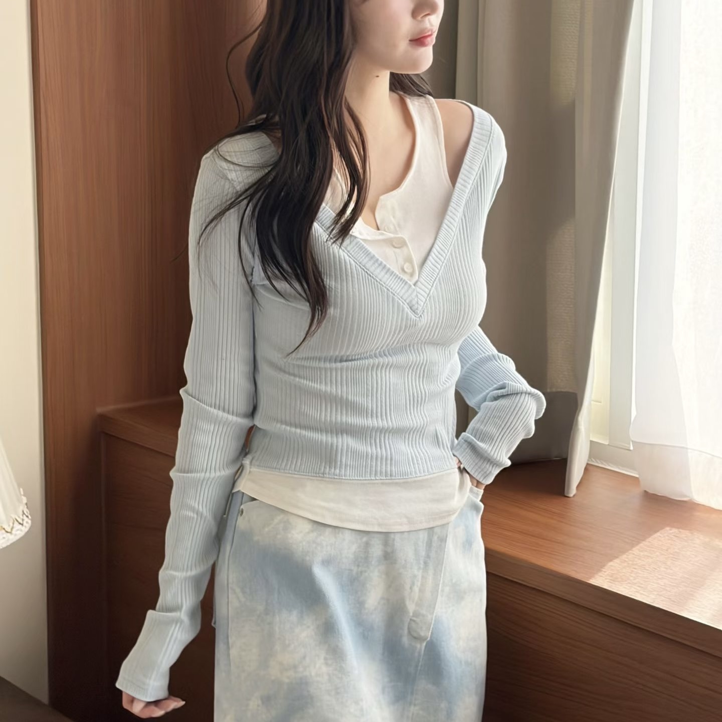 26FEBTOP014_01 Ribbed Vneck Layered Top - Image 1