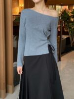 [Premium] Side-Ruched Boatneck Knit Top - Image 2
