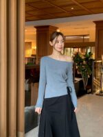 [Premium] Side-Ruched Boatneck Knit Top - Image 12