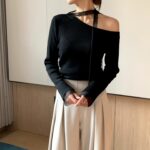 [Premium] Mesh-Layer Ruched Knit Top