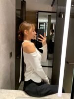 [Premium] Mesh-Layer Ruched Knit Top - Image 4