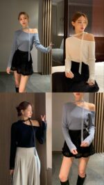 [Premium] Mesh-Layer Ruched Knit Top - Image 12