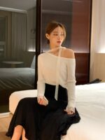 [Premium] Mesh-Layer Ruched Knit Top - Image 13