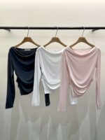 [Premium] Draped Button Asymmetric Knit Top - Image 2