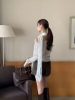 [PREMIUM] Draped Shoulder Buttoned Knit Top - Image 26