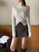 [PREMIUM] Draped Shoulder Buttoned Knit Top - Image 21