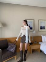 [PREMIUM] Draped Shoulder Buttoned Knit Top - Image 18
