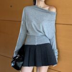 [PREMIUM] Draped Shoulder Buttoned Knit Top