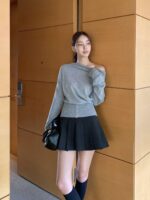 [PREMIUM] Draped Shoulder Buttoned Knit Top - Image 32