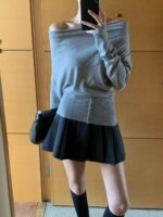 [PREMIUM] Draped Shoulder Buttoned Knit Top - Image 36